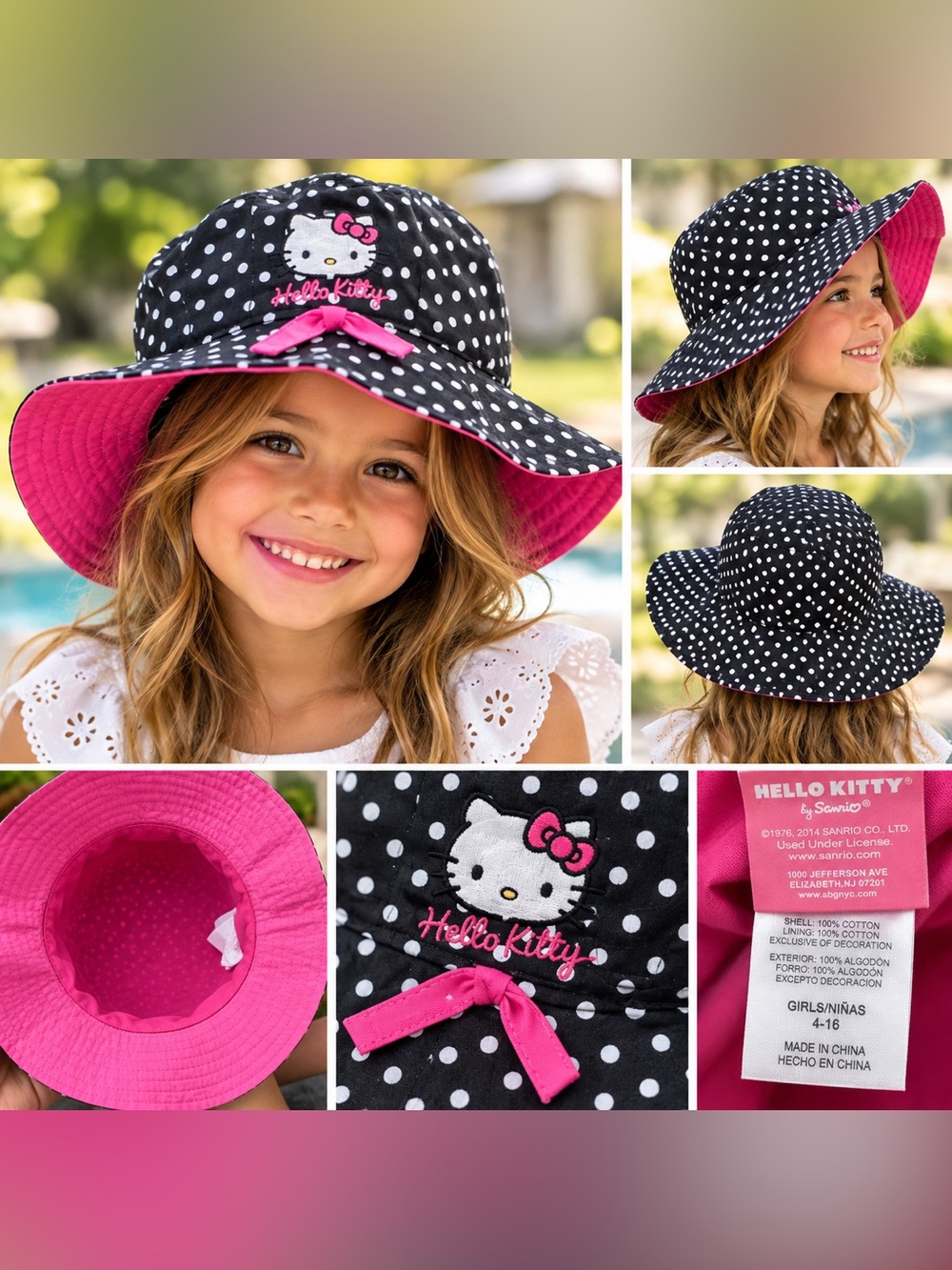 Hello Kitty Girls Polka Dot Wide Brim Sun Hat Pink Black Sanrio 4-16